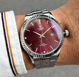 Tudor Style Automatic Burgundy Red Dial Silver Steel Strap Watch for Men - M12710-0015