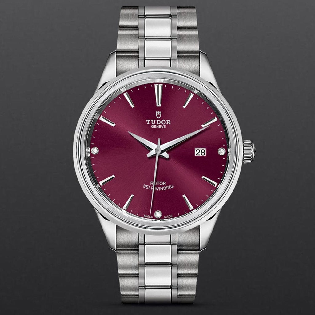 Tudor Style Automatic Burgundy Red Dial Silver Steel Strap Watch for Men - M12710-0015