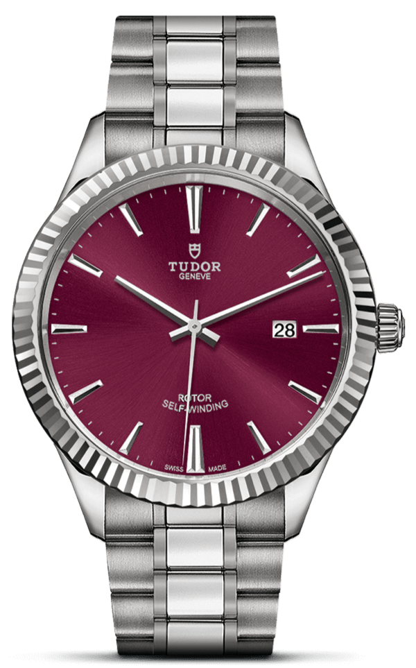 Tudor Style Automatic Burgundy Red Dial Silver Steel Strap Watch for Men - M12710-0015
