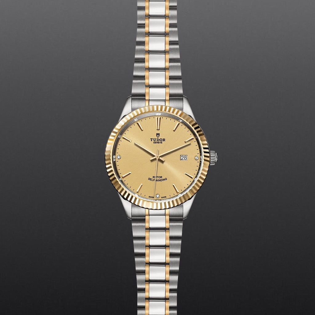 Tudor Style Automatic Diamonds Gold Dial Two Tone Steel Strap Watch for Men - M12713-0007
