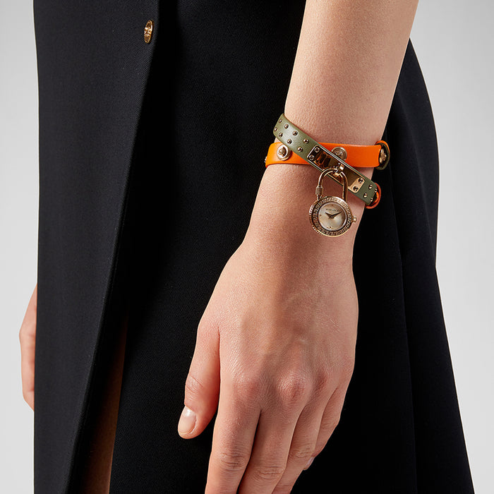 Versace Medusa Lock Icon Quartz Gold Dial Pink & Blue Leather Strap Watch For Women - VEDW00219