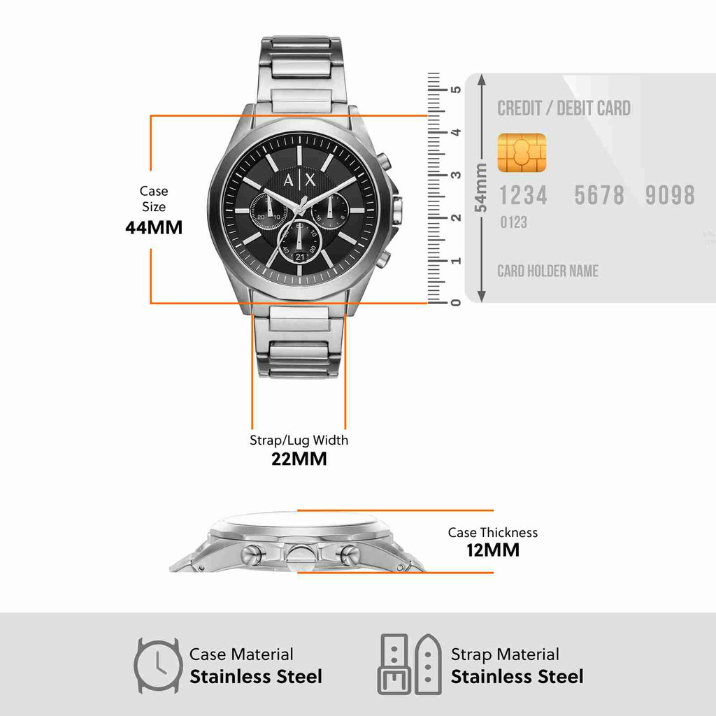 AX2600 Men's Watch with Dimensions & Credit Card Comparison