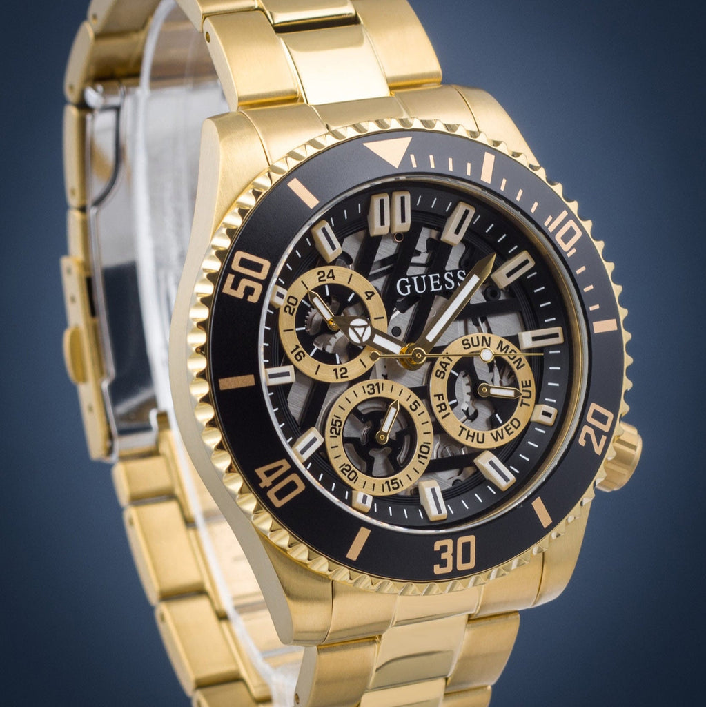 Guess Axle Multifunction Black Dial Gold Steel Strap Watch For Men - GW0488G2