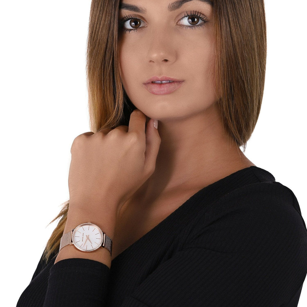 Michael Kors Pyper Quartz Mother of Pearl White Dial Rose Gold Mesh Strap Watch For Women - MK4588