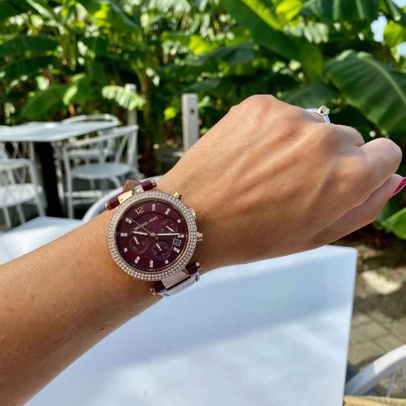 Michael Kors Parker Chronograph Red Dial Red Leather Strap Watch For Women - MK6986