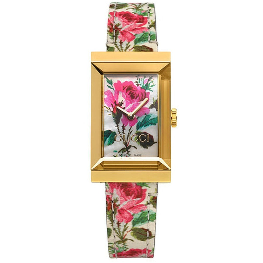 Gucci G-Frame Floral Mother of Pearl Dial White Leather Strap Watch For Women - YA147406