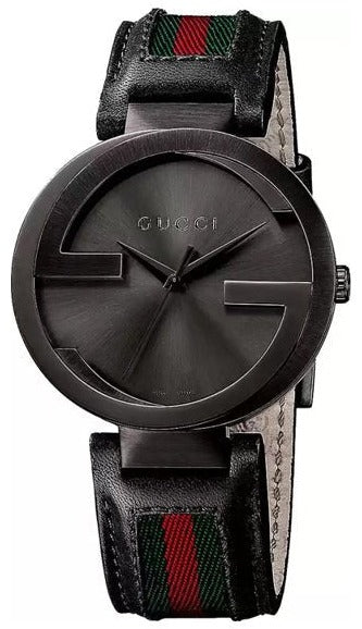 Gucci Interlocking G XL Black Dial Red & Green Leather Strap Watch For Men - YA133206