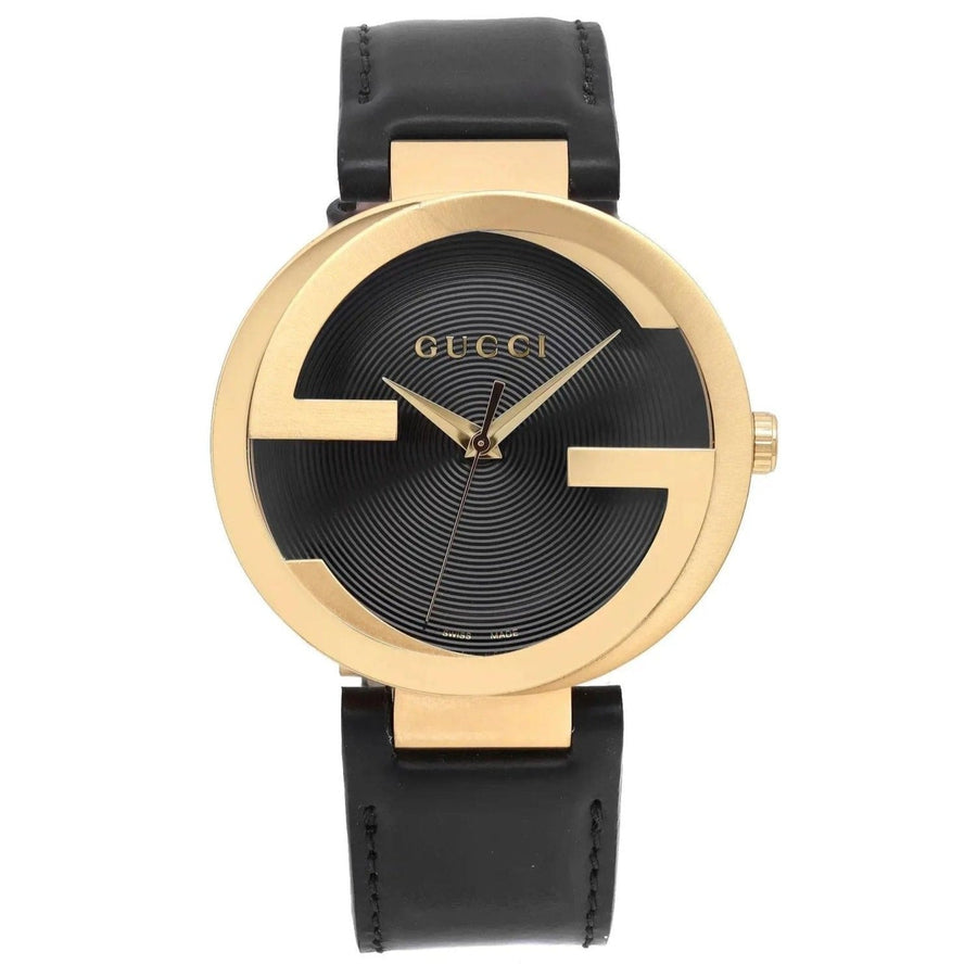 Gucci Interlocking G Gold Black Dial Black Leather Strap Unisex Watch - YA133326