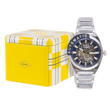 Fossil Everett Automatic Skeleton Blue Dial Silver Steel Strap Watch for Men - ME3220