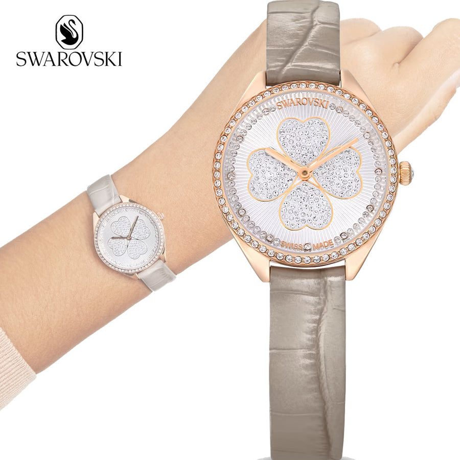 Swarovski Attract Clover Crystals Silver Dial Grey Leather Strap Watch for Women - 5653350