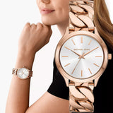 Michael Kors Runway Three-Hand Silver Dial Rose Gold Steel Strap Watch for Women - MK7473