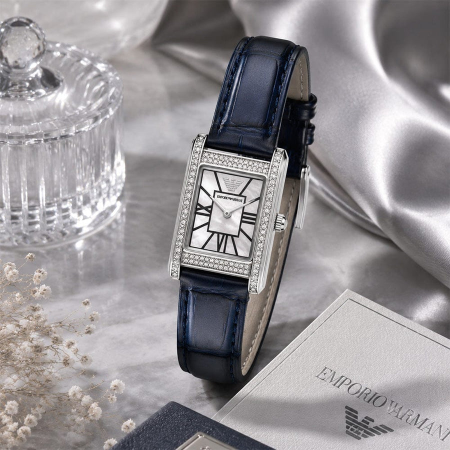 Emporio Armani Genni White Dial Blue Leather Strap Watch for Women - AR11718
