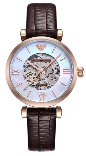 Emporio Armani Meccanico Skeleton Mother of Pearl Dial Brown Leather Strap Watch For Women - AR1993