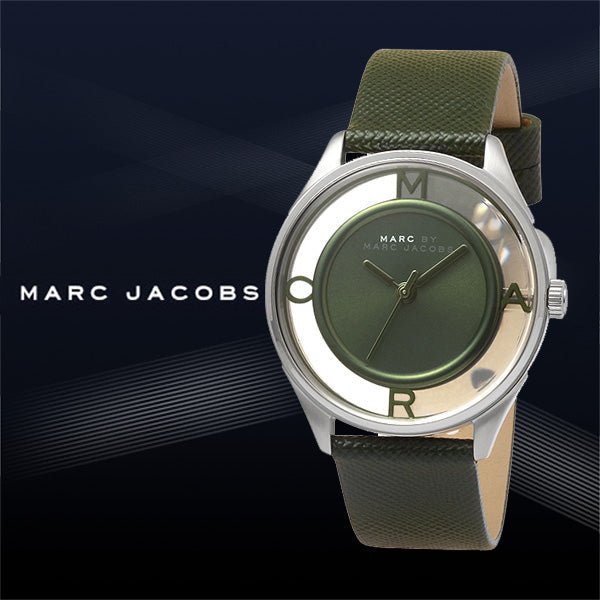 Marc Jacobs Tether Transparent Green Dial Green Leather Strap Watch for Women - MBM1378