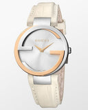 Gucci Interlocking 18K Gold Silver Dial White Leather Strap Watch For Women - YA133303