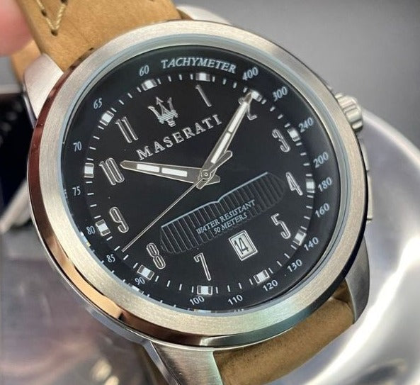 Maserati Successo Black Dial Beige Leather Strap Watch For Men - R8851121004