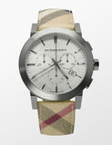 Burberry The City Chronograph White Dial Haymarket Leather Strap Watch For Men - BU9360