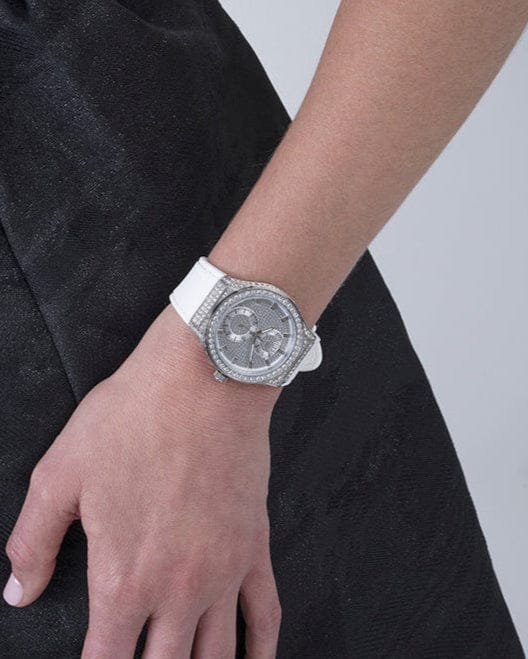 Guess Princess Crystals Silver Dial White Silicone Strap Watch For Women - GW0439L1