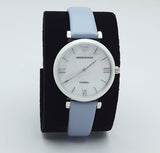 Emporio Armani Gianni T-Bar Mother Of Pearl White Dial Grey Leather Strap Watch For Women - AR11039