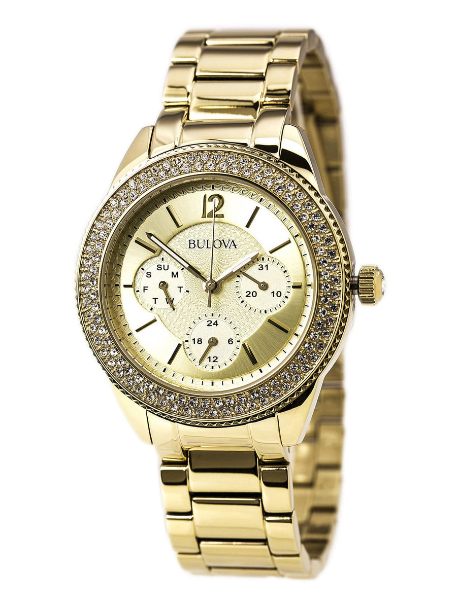 Bulova Multi Function Gold Dial Gold Steel Strap Watch for Women - 97N102