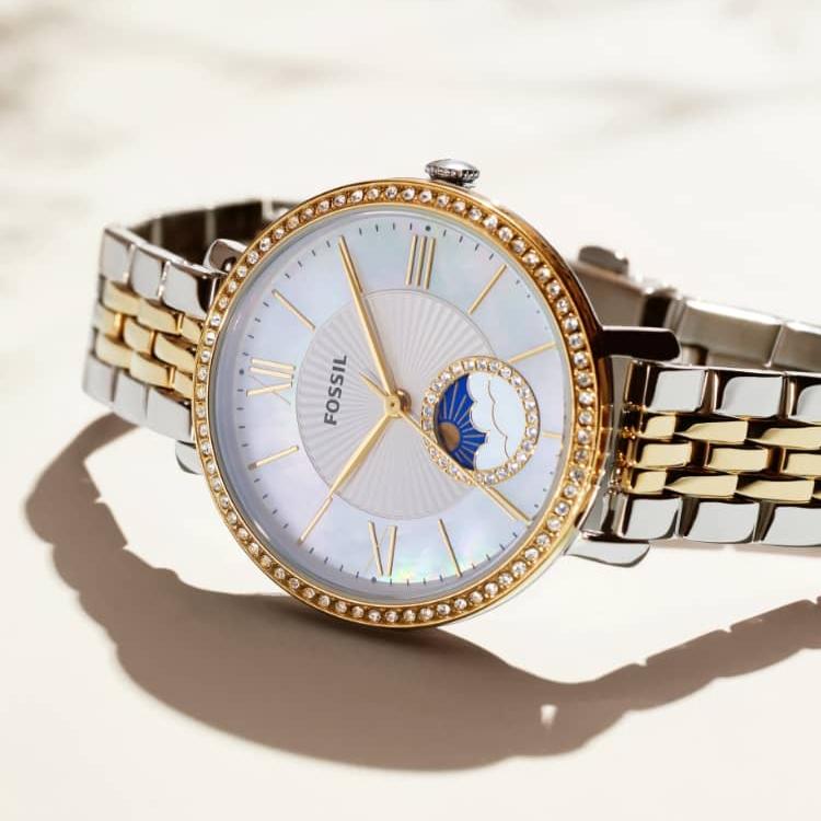 Fossil Jacqueline Analog Moonphase Mother of Pearl White Dial Two Tone Steel Strap Watch for Women - ES5166