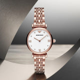 Emporio Armani Gianni T-Bar Quartz White Dial Rose Gold Steel Strap Watch For Women - AR11267