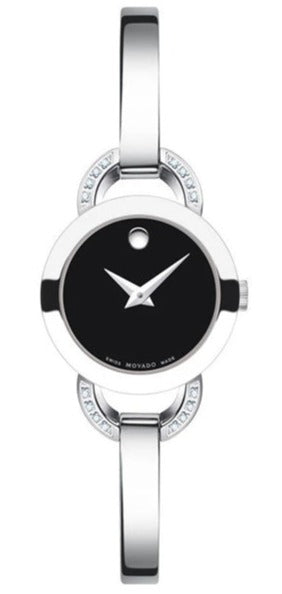 Movado Rondiro Diamonds Black Dial Silver Steel Strap Watch For Women - 0606798