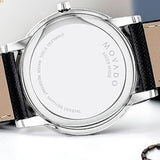 Back of a Movado watch with black leather strap.