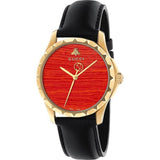 Gucci G Timeless Coral Red Dial Black Leather Strap Watch For Men - YA126464