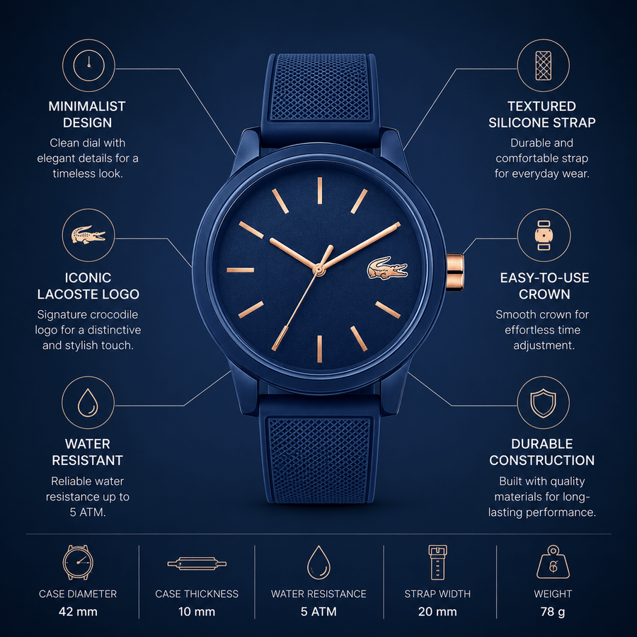 Lacoste 12.12 Navy Blue Dial Navy Blue Silicone Strap Watch for Men - 2011011