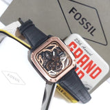 Fossil Inscription Automatic Skeleton Rose Gold Dial Black Leather Strap Watch for Men - BQ2572