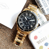 Fossil Inscription Automatic Black Dial Gold Steel Strap Watch for Men - FS5267