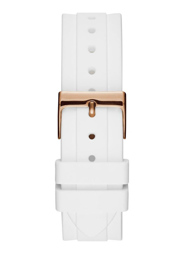 Guess Confetti Crystal Rose Gold Dial White Silicone Strap Watch For Women - W1098L5