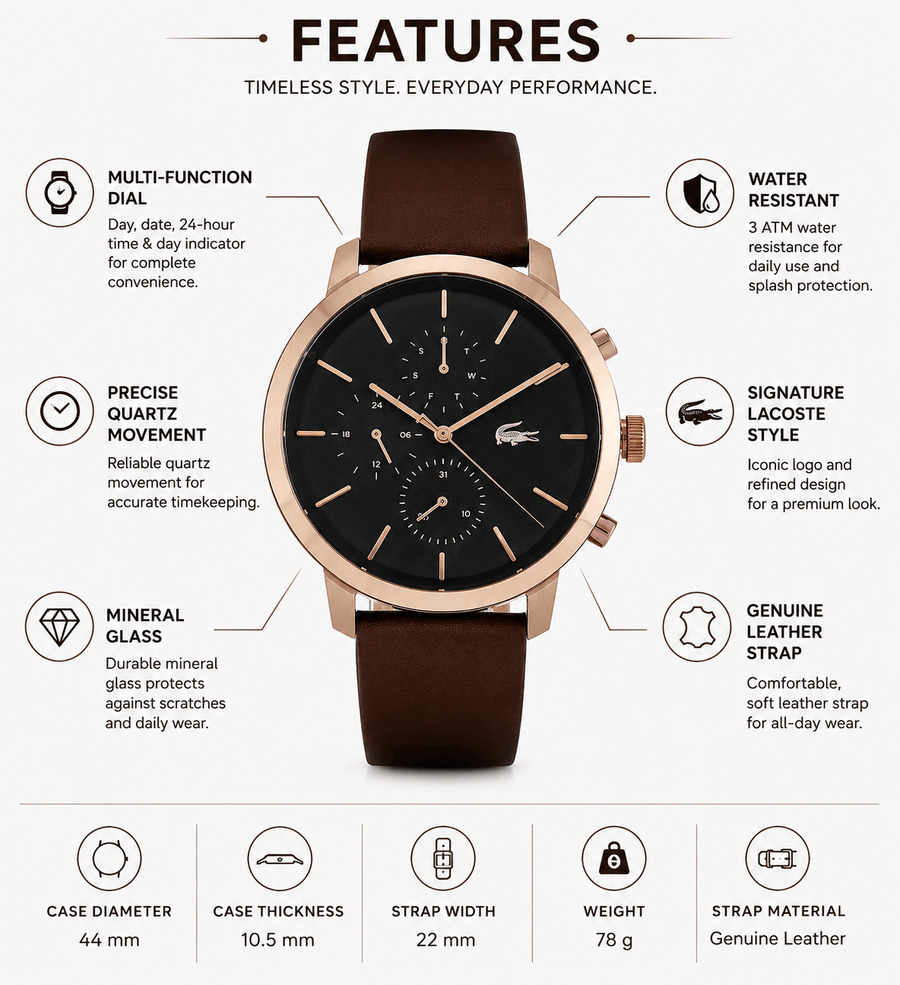 Lacoste Replay Chronograph Black Dial Brown Leather Strap Watch for Men - 2011257