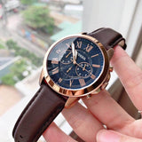 Fossil Grant Chronograph Blue Dial Brown Leather Strap Watch for Men - FS5068