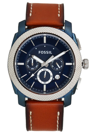 Fossil Machine Chronograph Blue Dial Brown Leather Strap Watch for Men - FS5232