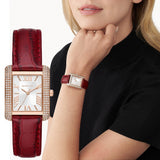 Michael Kors Emery Quartz Diamonds Silver Dial Red Leather Strap Watch For Women - MK4689