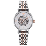 Emporio Armani Gianni T Bar Silver Skeleton Dial Two Tone Strap Watch For Women - AR1992