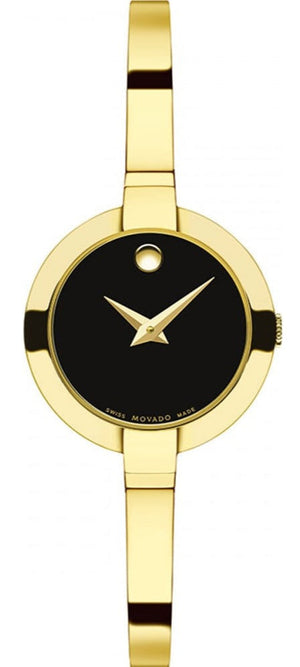 Movado Bela Black Dial Gold Steel Strap Watch For Women - 0606999