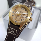 Fossil Nate Chronograph Gold Dial Brown Leather Strap Watch for Men - JR1495