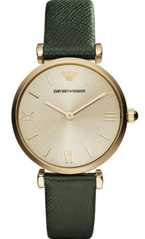 Emporio Armani Retro Champagne Beige Dial Green Leather Strap Watch For Women - AR1726