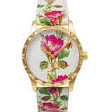 Gucci G Timeless Floral Gold Dial White Leather Strap Watch For Women - YA1264084