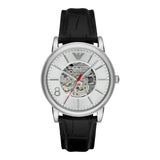 Emporio Armani Meccanico Silver Skeleton Dial Black Leather Watch For Men - AR1997