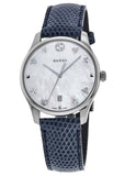 Gucci G-Timeless Signature Mother of Pearl Silver Dial Blue Leather Strap Watch For Women - YA1264049