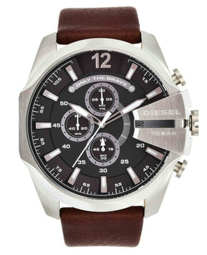 Diesel Mega Chief Black & Silver Round Dial Brown Leather Strap Watch For Men - DZ4290