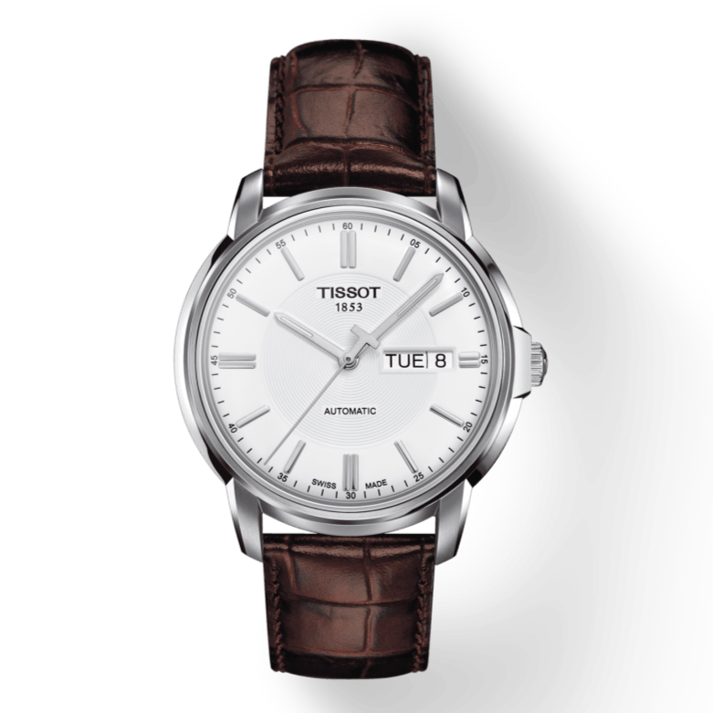 Tissot Automatics III Steel White Dial Brown Leather Strap Watch For Men - T065.430.16.031.00