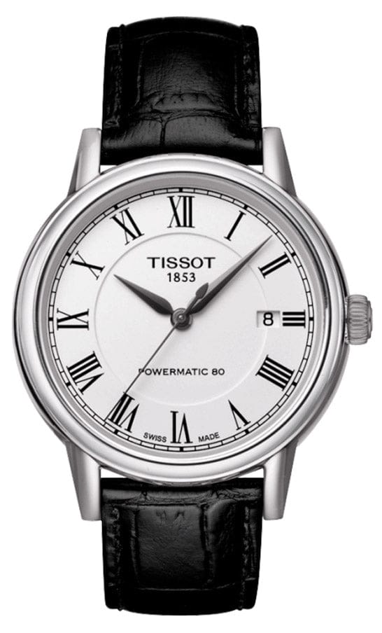 Tissot Carson Powermatic 80 White Dial Black Leather Strap Watch For Men - T085.407.16.013.00