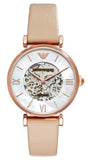 Emporio Armani Meccanico Silver Skeleton Dial Beige Leather Strap Watch For Women - AR60001