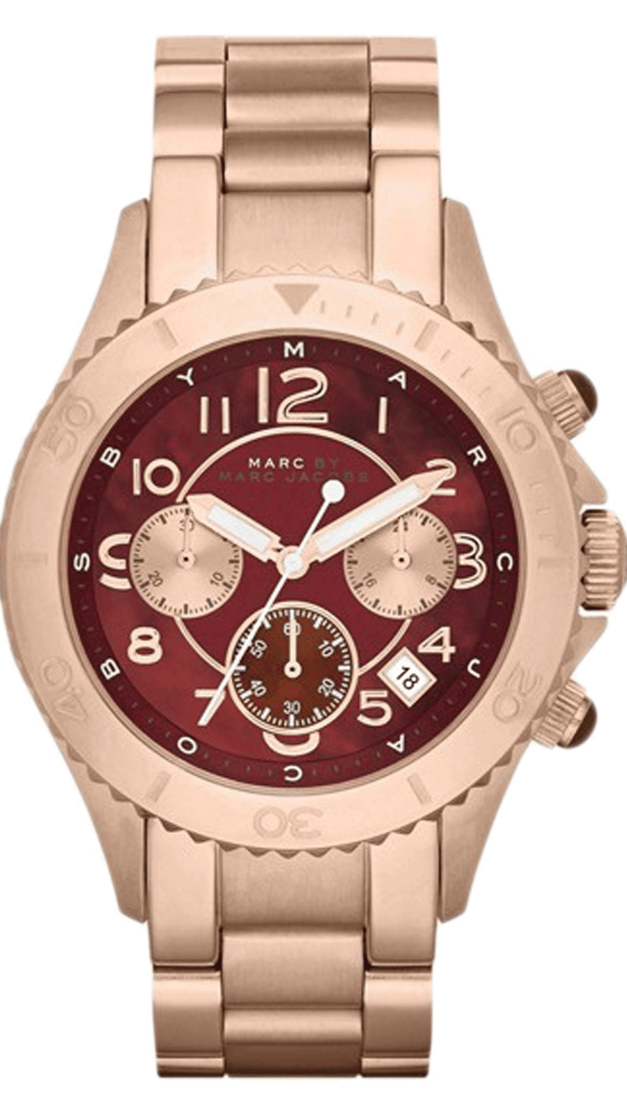 Marc Jacobs Rock Chronograph Mother of Pearl Red Dial Rose Gold Steel Strap Unisex Watch - MBM3251