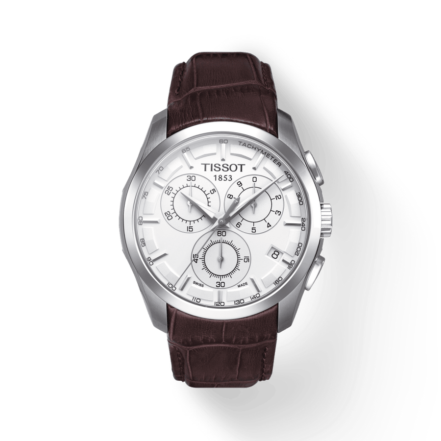 Tissot Couturier Chronograph White Dial Brown Leather Strap Watch For Men - T035.617.16.031.00
